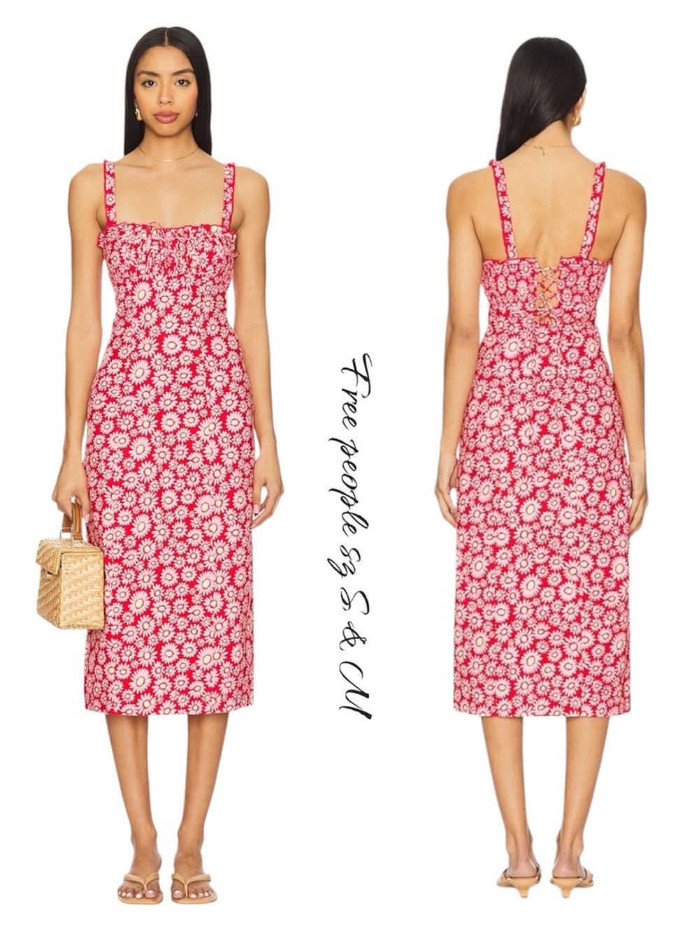 Free People Lucinda Printed Midi Dress Tomato Daisy Red Floral Size S & M